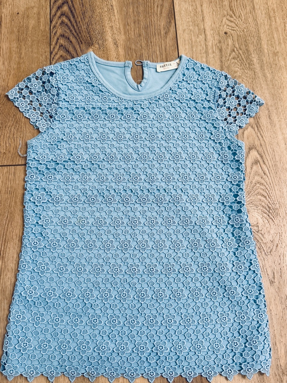 Lace Overlay Short Sleeve Tunic — Light Blue